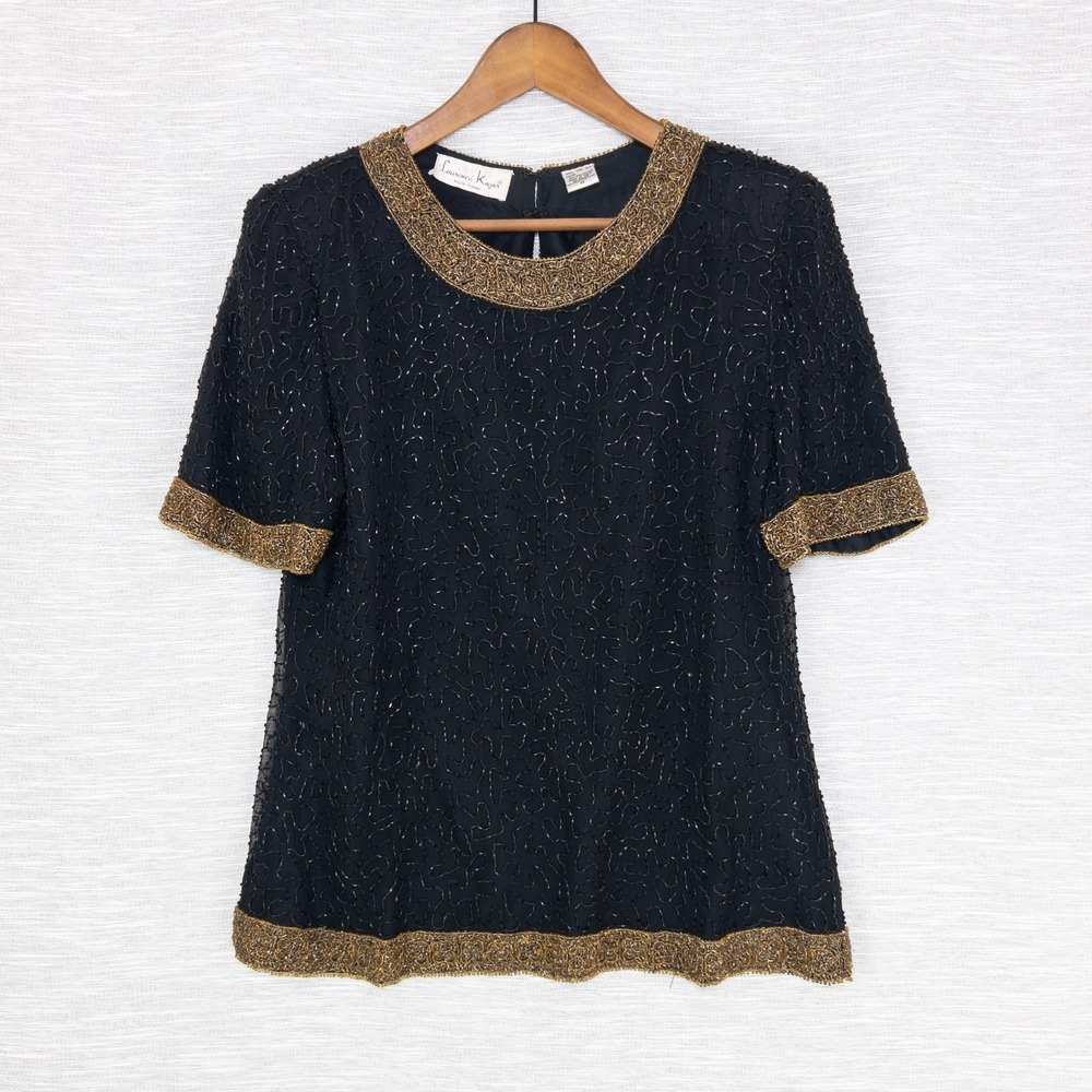 Vintage Laurence Kazar Beaded Top Women's Medium 100% Silk Black Gold Formal 80s - Picture 1 of 16